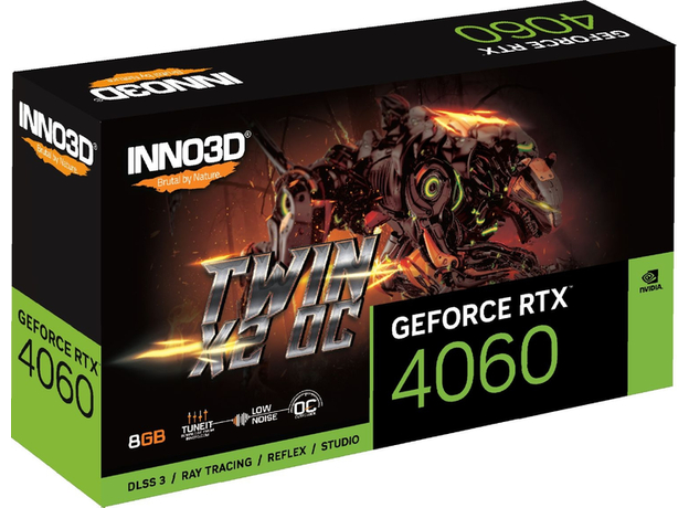Видеокарта INNO3D PCI-Ex GeForce RTX 4060 Twin X2 8GB GDDR6 (128bit) (2460/17000) (HDMI, 3 x DisplayPort) (N40602-08D6-173051N) - изображение 2 Видеокарта INNO3D PCI-Ex GeForce RTX 4060 Twin X2 8GB GDDR6 (128bit) (2460/17000) (HDMI, 3 x DisplayPort) (N40602-08D6-173051N) - изображение 2