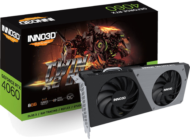 Видеокарта INNO3D PCI-Ex GeForce RTX 4060 Twin X2 OC 8GB GDDR6 (128bit) (2490/17000) (HDMI, 3 x DisplayPort) (N40602-08D6X-173051N) - изображение 3 Видеокарта INNO3D PCI-Ex GeForce RTX 4060 Twin X2 OC 8GB GDDR6 (128bit) (2490/17000) (HDMI, 3 x DisplayPort) (N40602-08D6X-173051N) - изображение 3