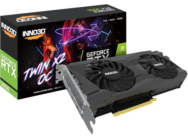 Відеокарта INNO3D PCI-Ex GeForce RTX 3050 Twin X2 OC 8GB GDDR6 (128bit) (1792/14000) (HDMI, DisplayPort, DVI-D) (N30502-08D6X-1711VA41) - зображення 2 Відеокарта INNO3D PCI-Ex GeForce RTX 3050 Twin X2 OC 8GB GDDR6 (128bit) (1792/14000) (HDMI, DisplayPort, DVI-D) (N30502-08D6X-1711VA41) - зображення 2