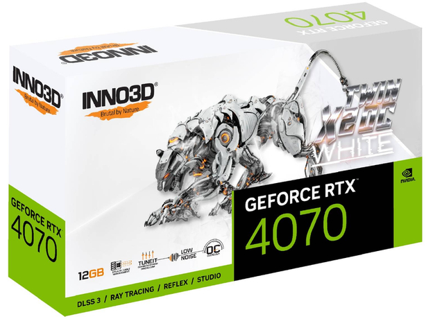 Видеокарта INNO3D PCI-Ex GeForce RTX 4070 Twin X2 OC White Stealth 12GB GDDR6X (192bit) (2505/21000) (HDMI, 3 x DisplayPort) (N40702-126XX-183052V) - изображение 5 Видеокарта INNO3D PCI-Ex GeForce RTX 4070 Twin X2 OC White Stealth 12GB GDDR6X (192bit) (2505/21000) (HDMI, 3 x DisplayPort) (N40702-126XX-183052V) - изображение 5