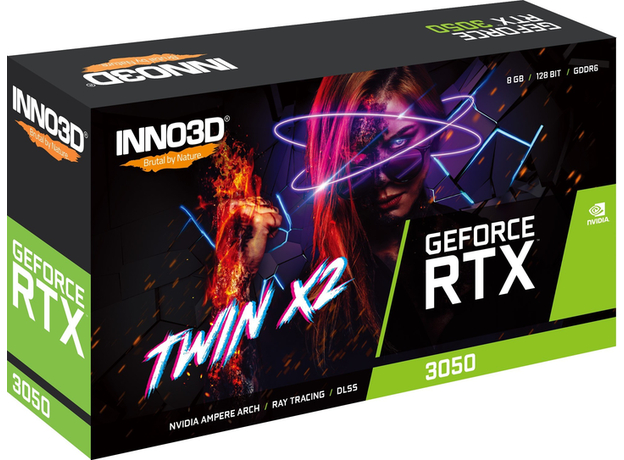 Видеокарта INNO3D PCI-Ex GeForce RTX 3050 Twin X2 8GB GDDR6 (128bit) (1777/14000) (HDMI, DisplayPort, DVI-D) (N30502-08D6-1711VA41) - изображение 2 Видеокарта INNO3D PCI-Ex GeForce RTX 3050 Twin X2 8GB GDDR6 (128bit) (1777/14000) (HDMI, DisplayPort, DVI-D) (N30502-08D6-1711VA41) - изображение 2