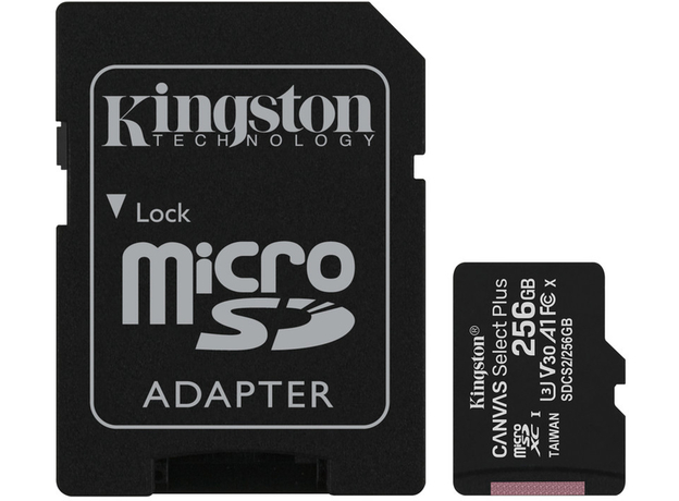 Kingston microSDXC 256GB Canvas Select Plus Class 10 UHS-I U3V30 A1 + SD-adapter (SDCS2/256GB)  Kingston microSDXC 256GB Canvas Select Plus Class 10 UHS-I U3V30 A1 + SD-adapter (SDCS2/256GB)
