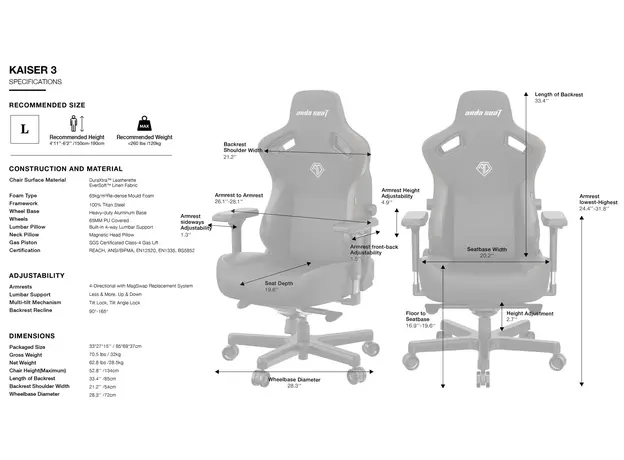 Кресло игровое Anda Seat Kaiser 3 Size L Grey Fabric (AD12YDC-L-01-G-PV/F) - изображение 11