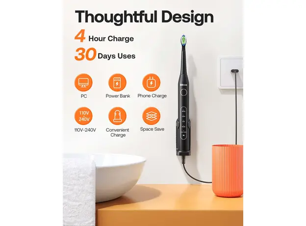 Электрическая зубная щетка Bitvae D2 с насадками 8 шт black, Основной цвет: Черный - изображение 4