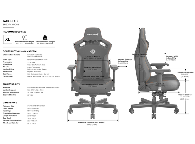 Кресло игровое Anda Seat Kaiser 3 Size XL Brown (AD12YDC-XL-01-K-PVC) - изображение 5 Кресло игровое Anda Seat Kaiser 3 Size XL Brown (AD12YDC-XL-01-K-PVC) - изображение 5