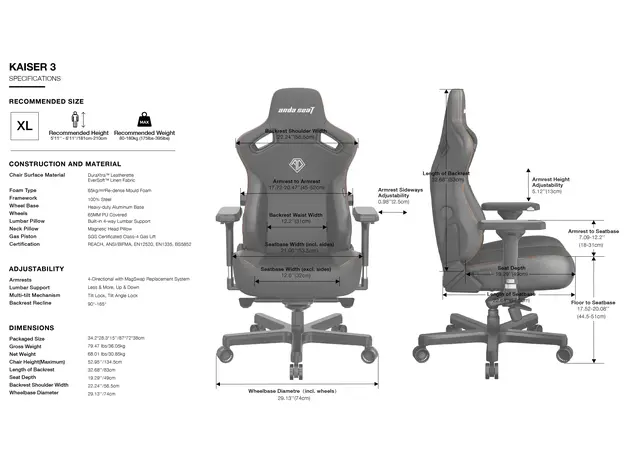 Кресло игровое Anda Seat Kaiser 3 Size XL Grey Fabric (AD12YDC-XL-01-G-PVF) - изображение 12