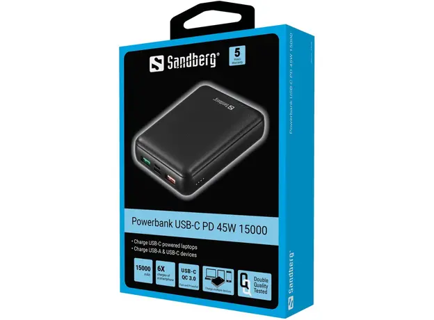 Повербанк Sandberg PD 15000mAh 45W 20V/2.25A 2xUSB Type-C OUT Black (420-66) - изображение 2