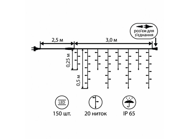 Электрогирлянда Новогодько Бахрома 150 LED IP65 5.5 м Белая (801193) (5056574407061) - изображение 2