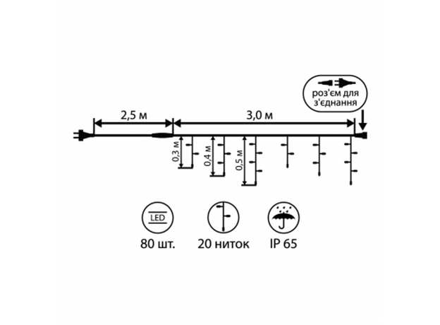 Электрогирлянда Новогодько Бахрома 80 LED IP65 5.5 м Белая (801195) (5056574407085) - изображение 2