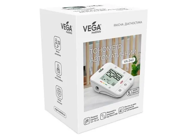Тонометр автоматический VEGA VA-340 с индикатором аритмии, большая манжета - изображение 2