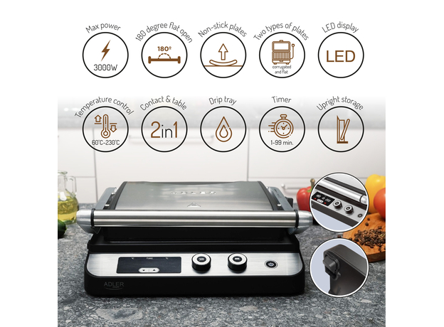 Контактный гриль (прижимной) Adler AD 3059 Stainless steel Black (5903887807937) - изображение 14